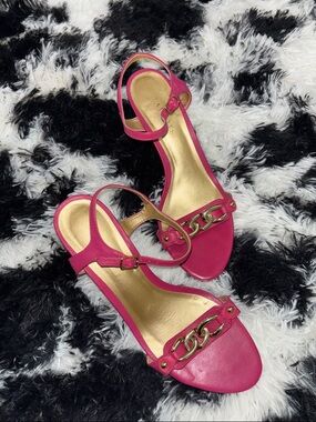 Talbots Fuchsia Ankle-Strap Sandals with Gold Chain Accent